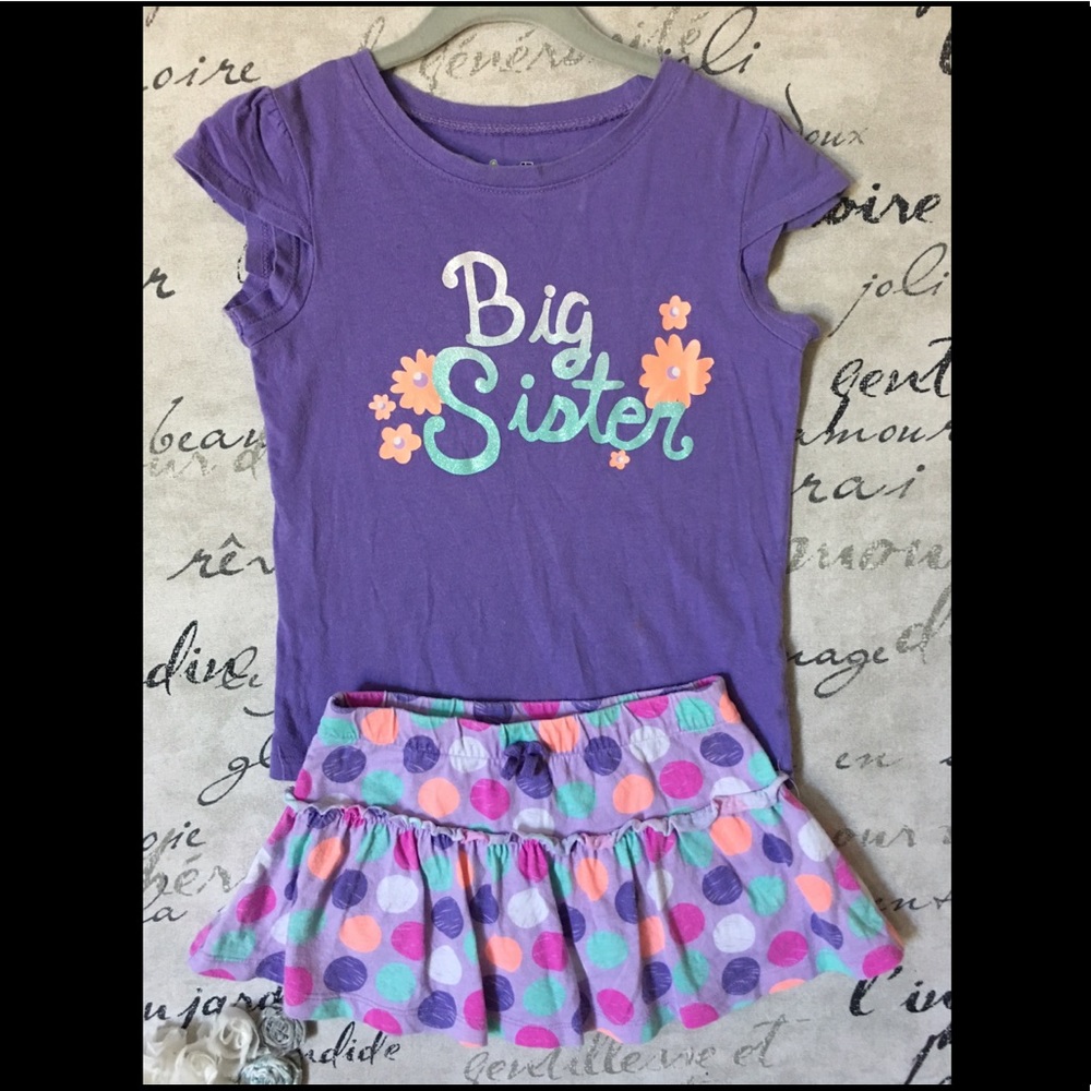4t big sister shirt skort set purple and polka dot